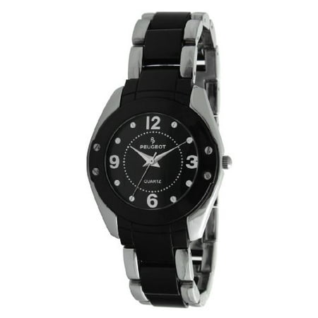 Peugeot Women's 7071BK Silver-Tone and Black Watch with Acrylic-Link Bracelet