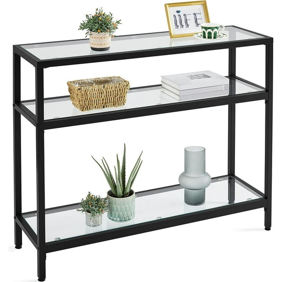 Hyxoo 39.5" Console Table with 3 Storage Shelves,Tempered Glass Sofa Table, Modern Entryway Tables with Metal Frame for Hallway Living Room Bedroom, Easy Assembly, Black