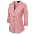 thumbnail image 3 of MixMatchy Women's Long Sleeve Solid Split Neck Tencel Button Down Shirt Blouse, 3 of 6