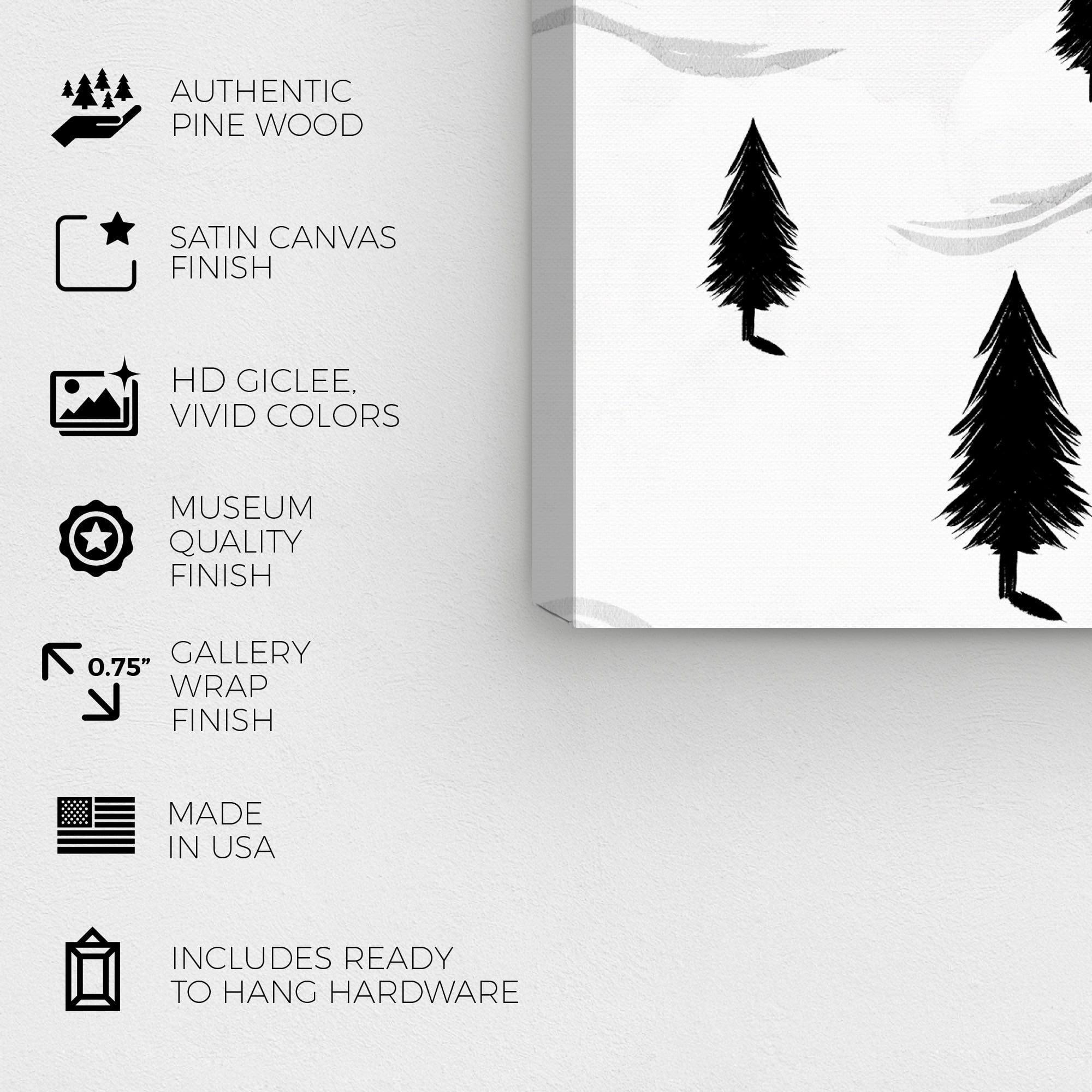 Wynwood Studio Holiday and Seasonal Wall Art Canvas Prints 'Pine Tree Landscape' Christmas Home Décor - Black, White, 24" x 36"