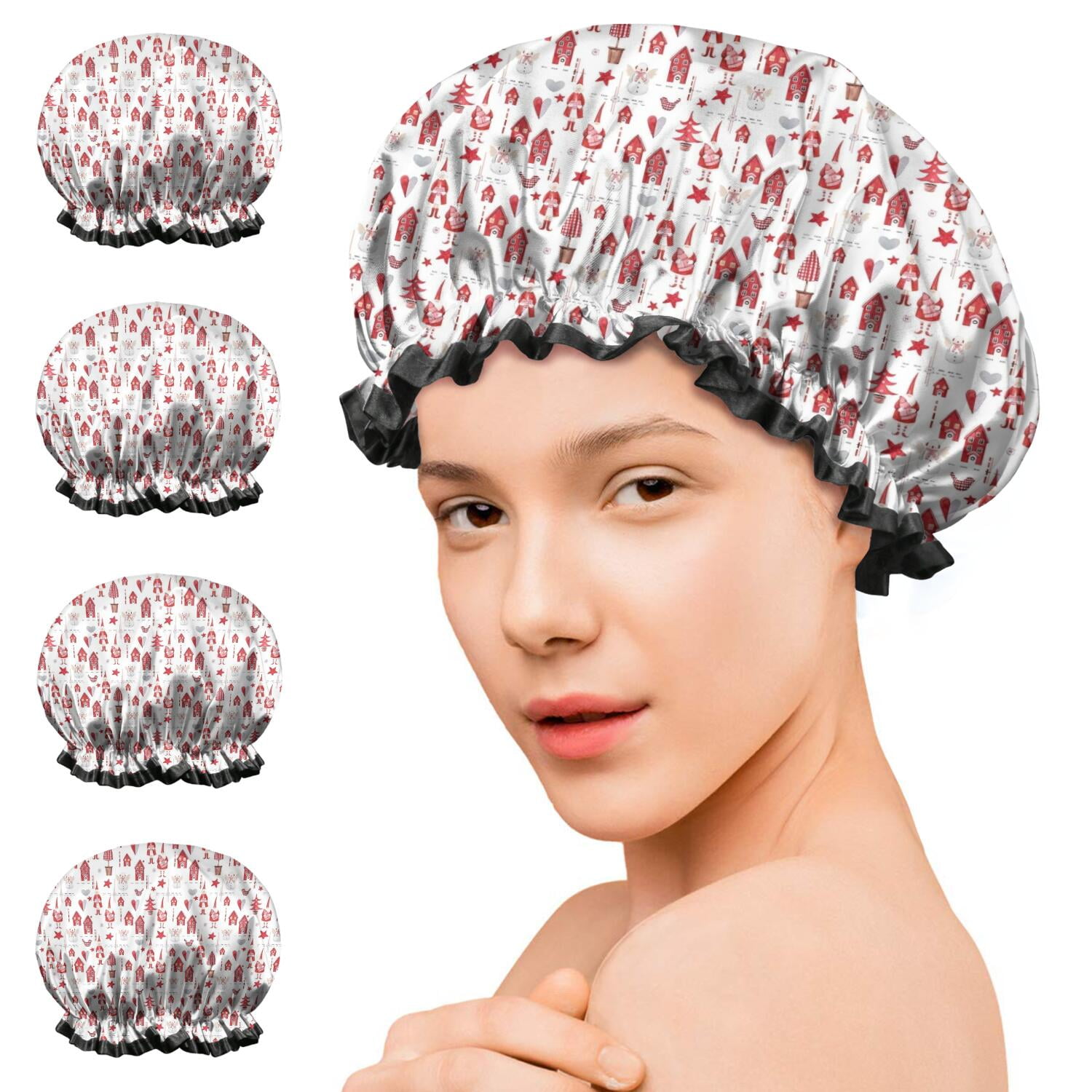 Shower Caps,Red Christmas House and Tree Pattern Waterproof Shower Cap for Women 4 Pieces,Double Reusable Hair Cover for Shower PEVA Elastic Stretch Hem