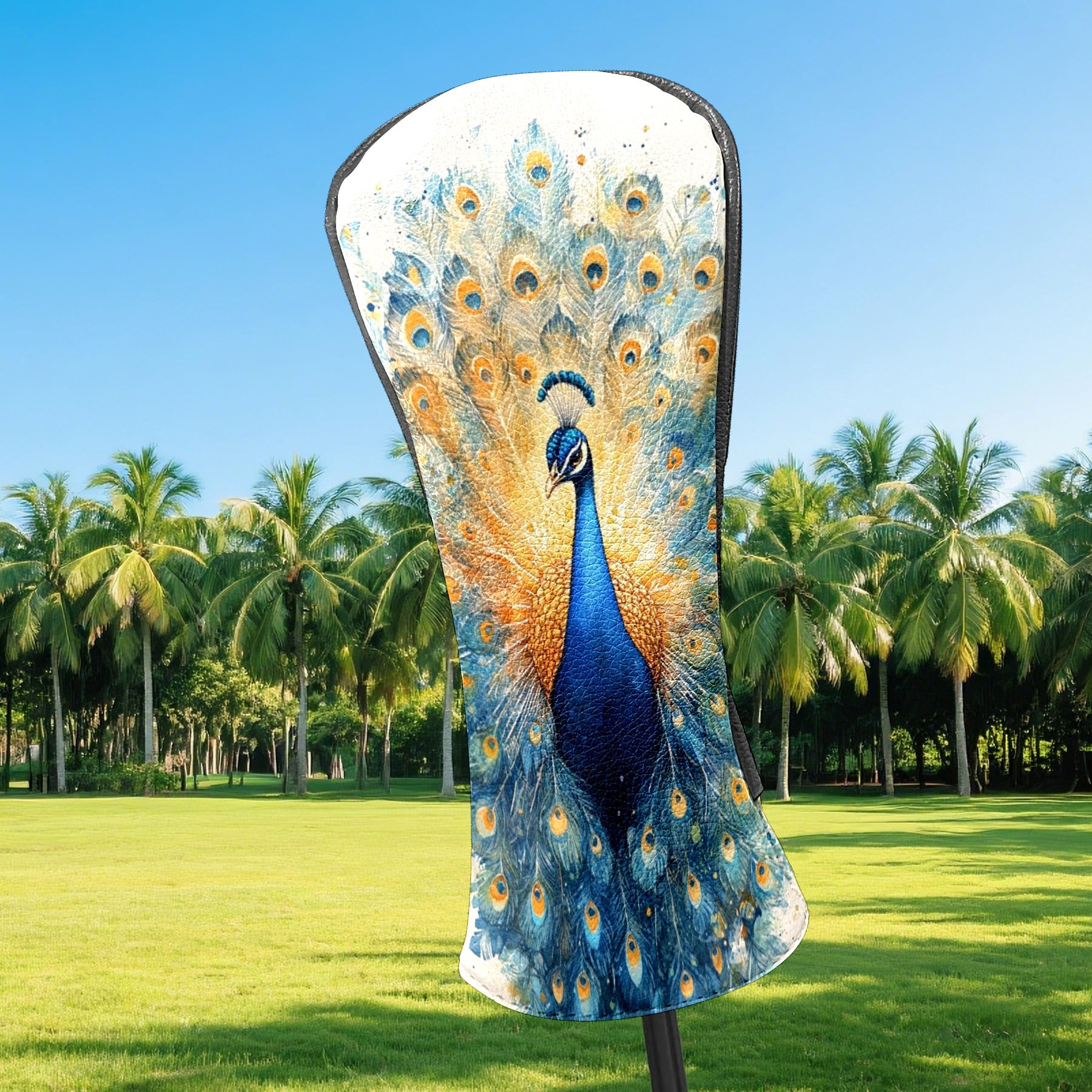 Golf Club Covers PU Leather Waterproof Head Covers for Fairway Woods Hybrids Blue Peacock Pattern Unisex Fits Most Brands