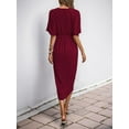 thumbnail image 6 of Gdvsclr Short Sleeve Dresses for Women V Neck Pleated Slim Fit Flowy Swing Shift Irregular Midi Dress Claret S, 6 of 8