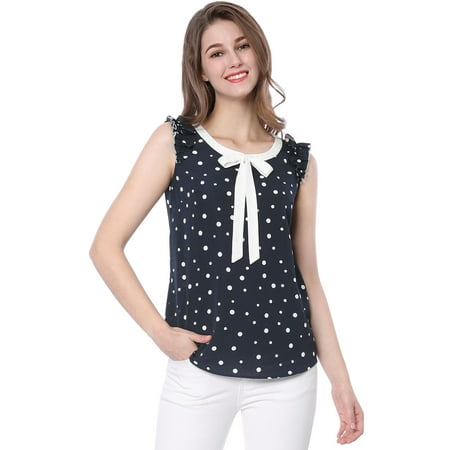 - Women's Ruffled Sleeveless Tie-Bow Chiffon Dotted Blouse