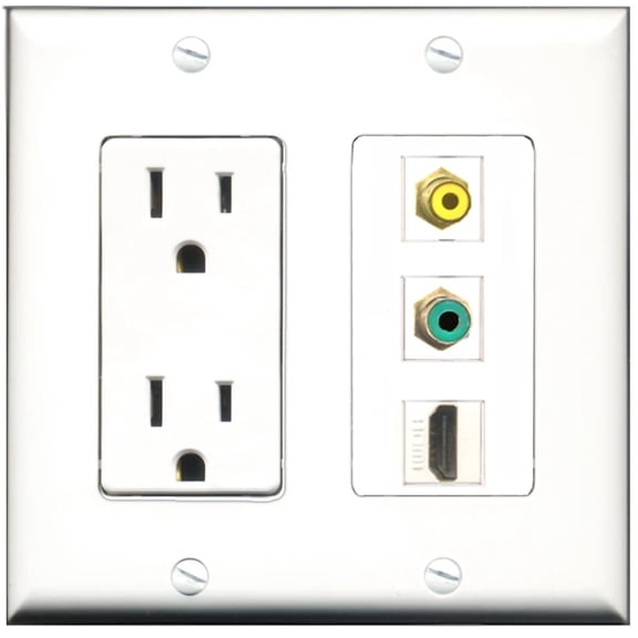 Ultra Spec Cables 15 Amp Power Outlet 1 Port HDMI 1 Port RCA Yellow 1 Port RCA Green Wall Plate
