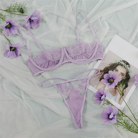 USSUMA Lingerie for Women  Women s See-Through Lace Stitching Sling Bra Split Sexy Underwear Set S-L on Clearance for Home Purple S
