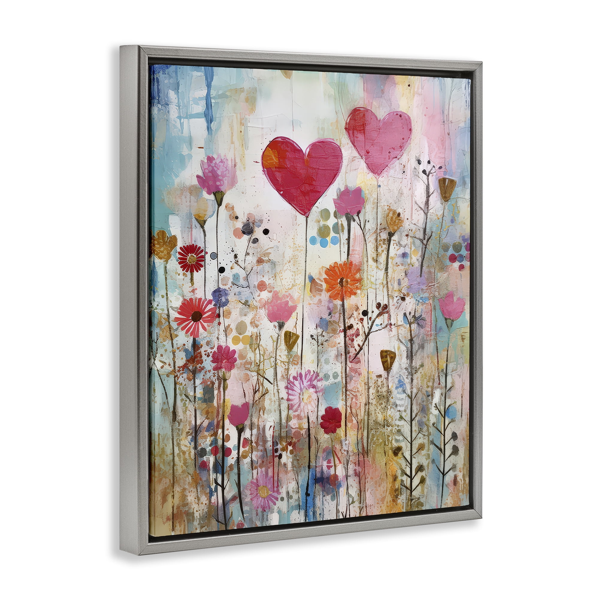 Stupell Industries Heart & Garden Collage Abstract Painting Gray Floater Framed Canvas Art Print Wall Art, 25 x 31