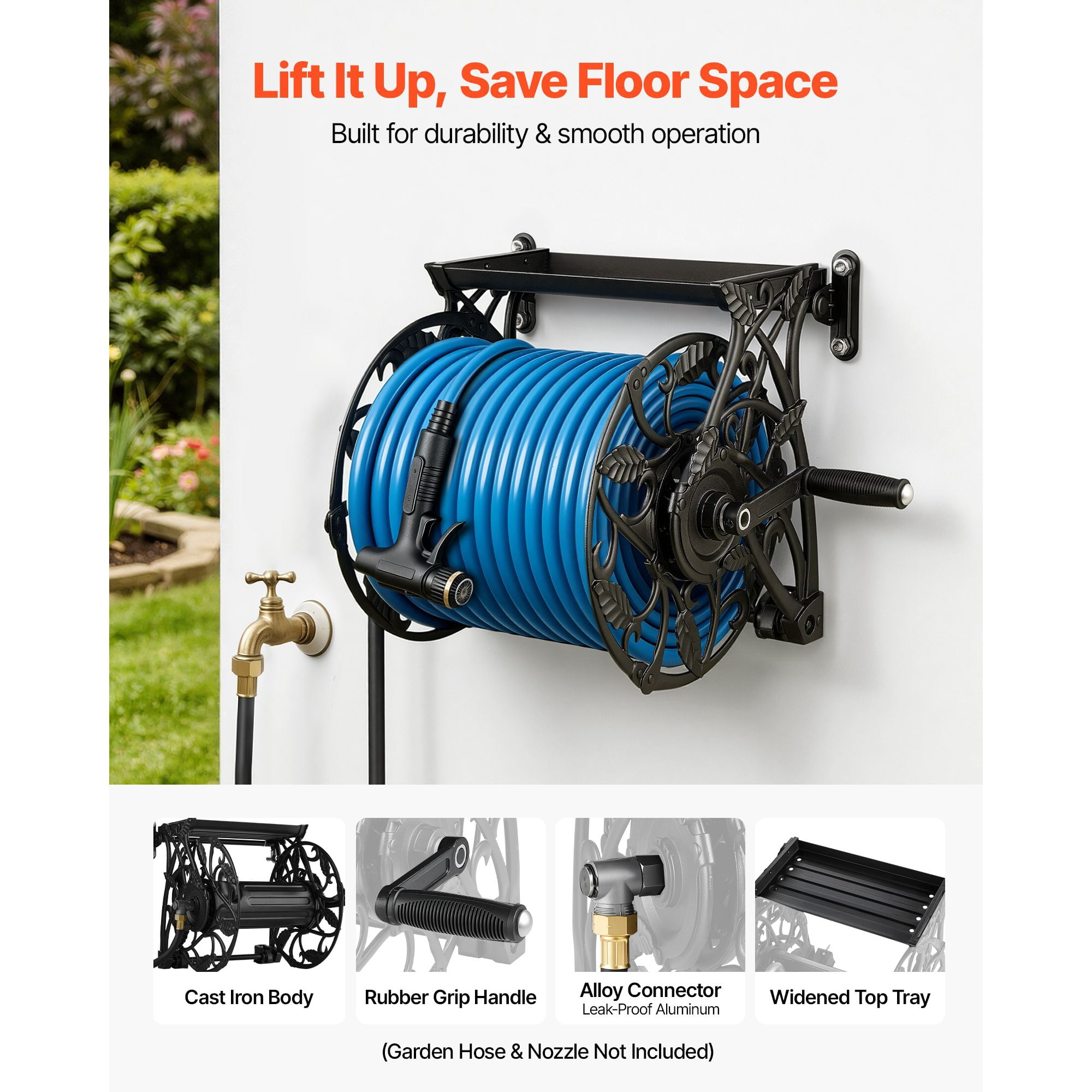 Wall Mount Garden Hose Reel 135ft 5/8 Inch Heavy  Aluminum Water Hose Holder with Storage Tray Decorative Outdoor Backyard