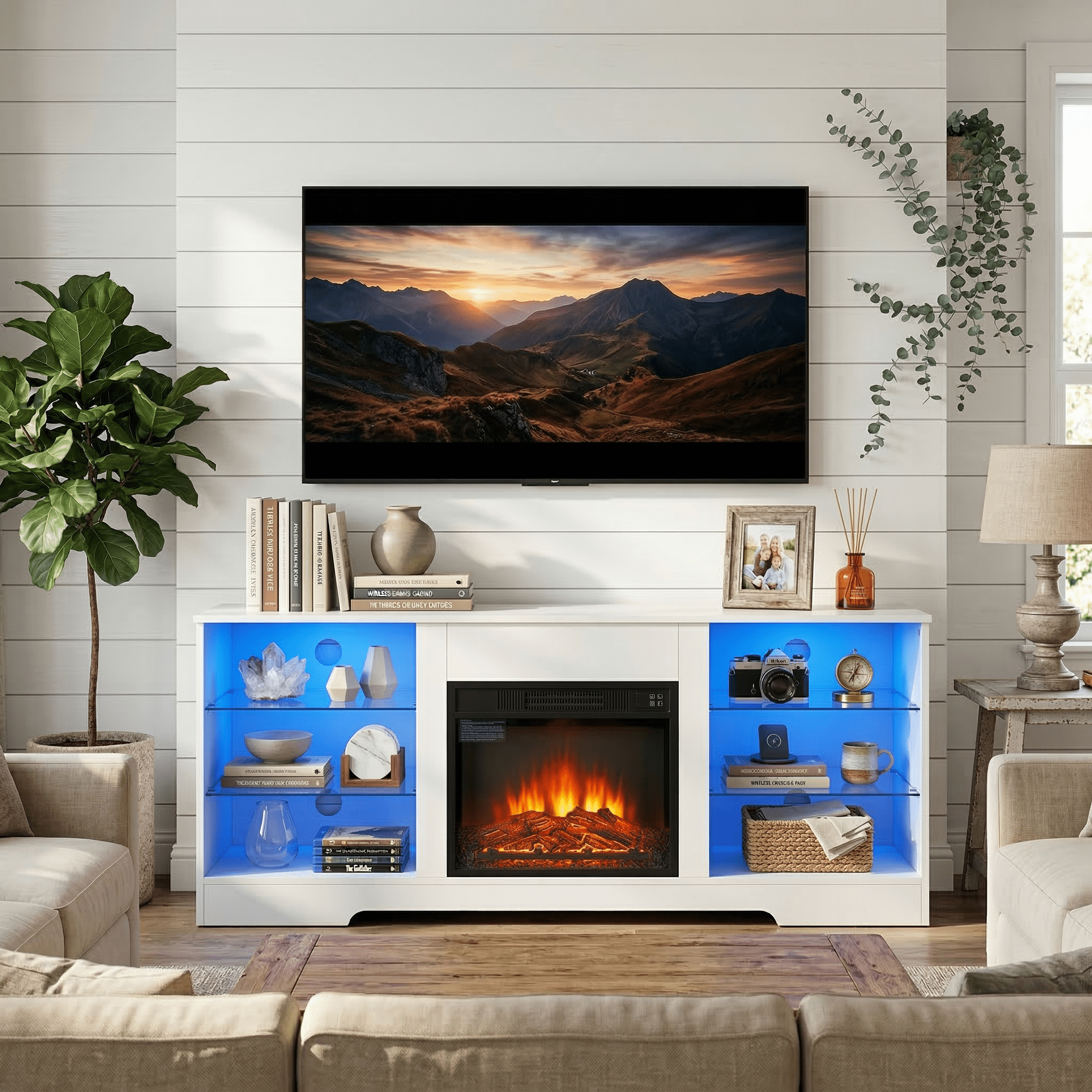 Homy Casa 58 Inch Electric Fireplace TV Stand for 65 Inch TV with Storage Cabinets, LED Flame and Power Outlets