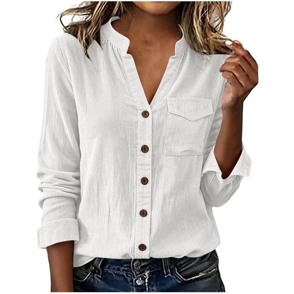 Setooff Corduroy Long Sleeve Shirts for Women, V Neck Button Pocket Blouse, Solid Loose Plus Size Casual Fall Tops for Women