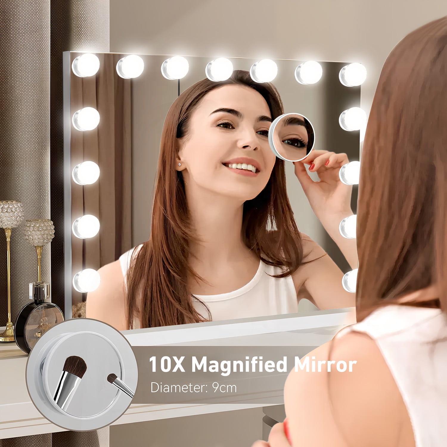 Vanity Mirror with Lights, 22''x18'' Hollywood Makeup Mirror with 15 Dimmable LED Bulbs, 3 Color Modes, USB Charging Port and 10X Magnification, White