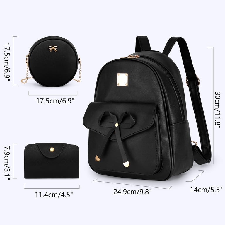 Vbiger Black Mini Backpack Set, PU Leather Bowknot Design, 3  display picture 2