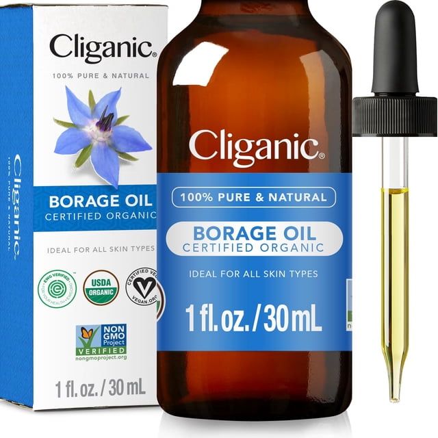 Aceite de semilla de borraja orgánico Cliganic para rostro puro (1 oz) - Natural sin OGM prensado en frío