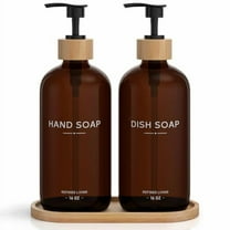 Hand and Dish Soap Dispenser Set,16oz Glass Bottles with Printed Labels, Bamboo Tray & Pump,Countertop Soap Dispensers for Kitchen,Luxury, Minimalist & Farmhouse Decor