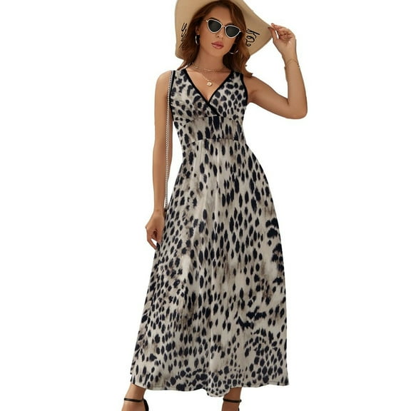 Glacier Black And Gray Cheetah Print Dress Summer Street Style Bohemia Long Dresses Female Sleeveless Printed Maxi Dress