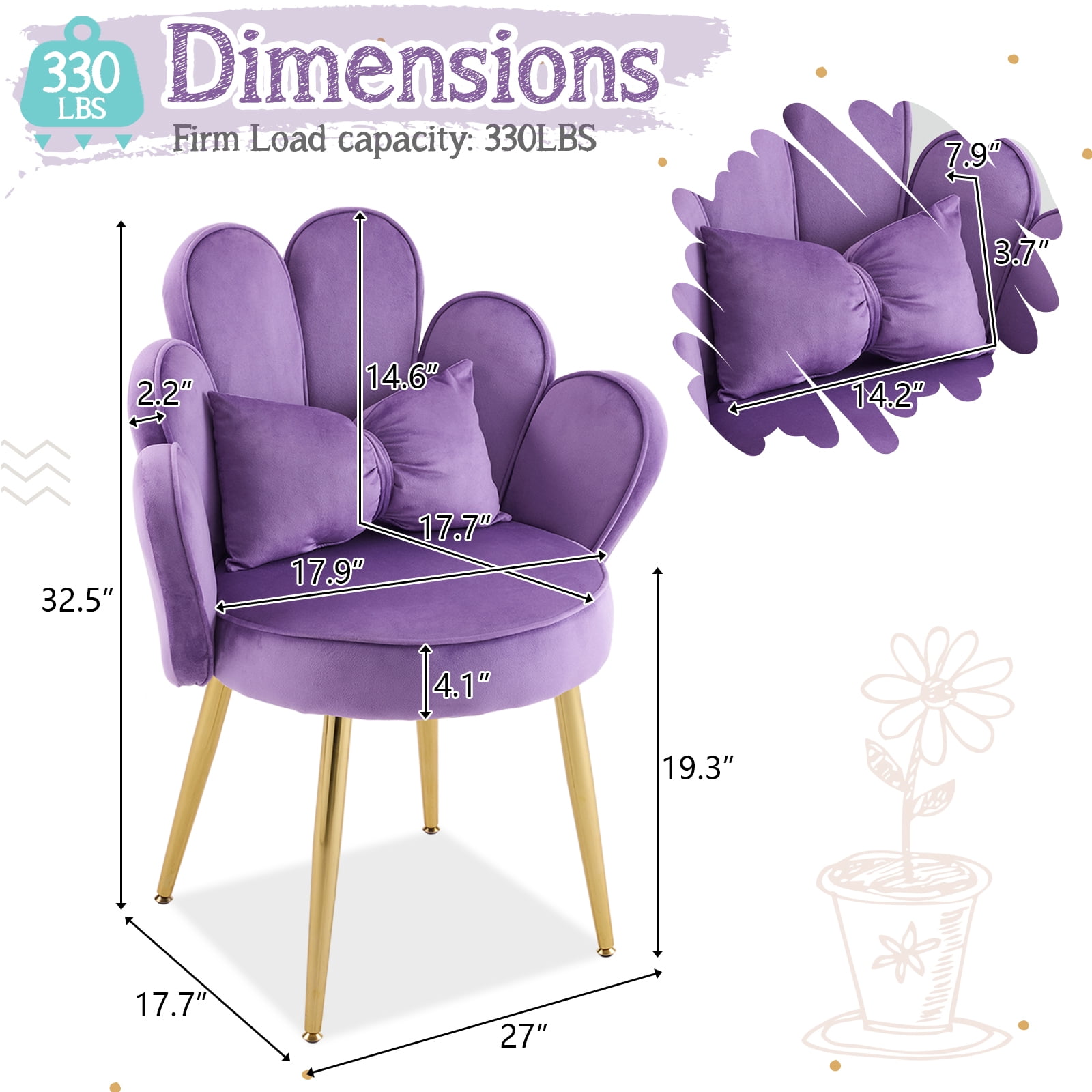 Ktaxon Vanity Makeup Chair Comfy Accent Chair Small Office Chair with Flower Back and Lumbar Pillow for Living Dining Room Bedroom Home Office Velvet Purple