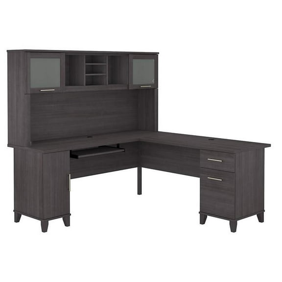 Pemberly Row 72W L Shaped Desk with Hutch in Storm Gray - Engineered Wood