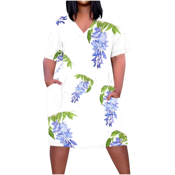 Vestido Corto de Verano Moda Grande Impresión de Manga Corta Cuello en V Bolsillo Mini Vestido para Casual Y Diario