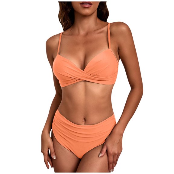 Busydd Swim Suits for Women 2 Piece Solid Color Bikini Set Deep V Neck Pleated Bathing Suits Trendy High Waisted Swimsuit with Briefs
