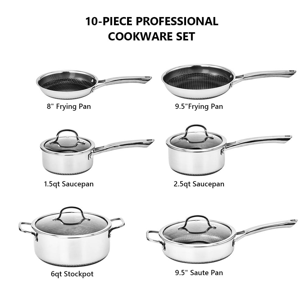 Ktaxon 10-Piece Stainless Steel Non-Stick Cookware Set, 3 Ply Pots and Pans Kitchen Set, Oven Dishwasher Safe, Compatible for Most Cooktops