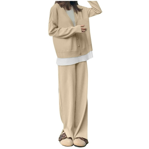 Womens Loose Thick Casual and Comfortable Two-Piece Knitted Sweater Long Sleeved Pants Solid Color Knitted Suit Two Piece Travel Suit Set S-122 White One Size