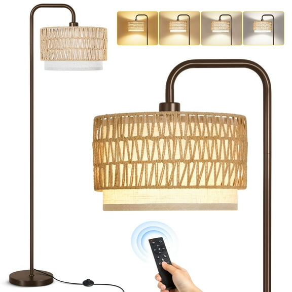OUTON Floor Lamps, Boho Standing Lamps with Rattan & Linen Double Shades, Arc Lamp Floor with 4 Color Temperatures, Bohemian Floor Lamps for for Living Room, Bedroom, Study Room