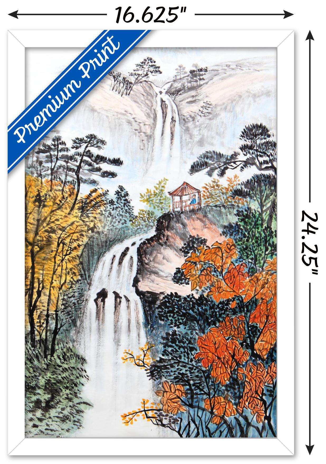 China Landscape with Waterfalls Wall Poster, 14.725" x 22.375", Framed
