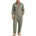 thumbnail image 5 of Delconic Mens Two Piece Outfit Long Sleeve Button Front Shirt and Drawstring Straight Leg Pants Casual Vacation Set Army Green L, 5 of 9