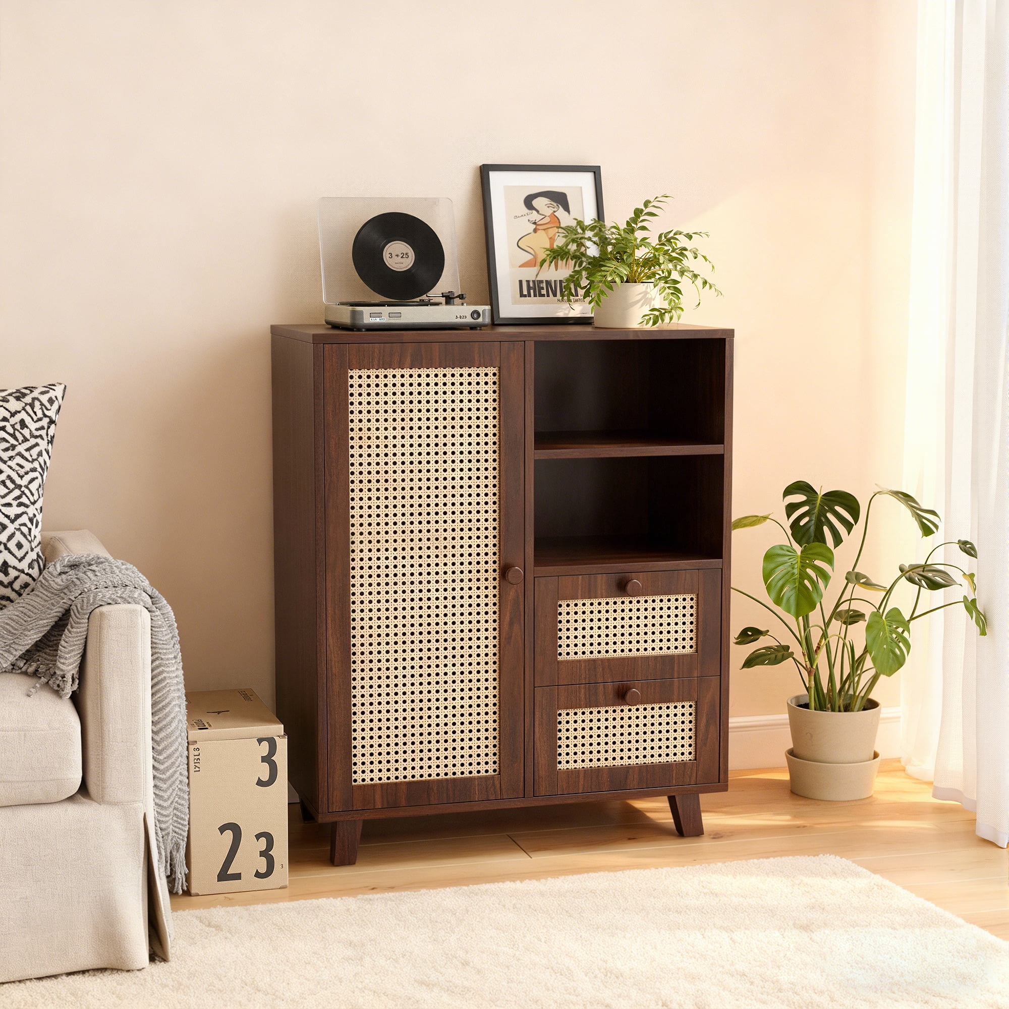MAYEERTY Rattan Sideboard Cabinet with Drawers & Adjustable Shelf, Versatile Storage for Kitchen & Entryway, Walnut