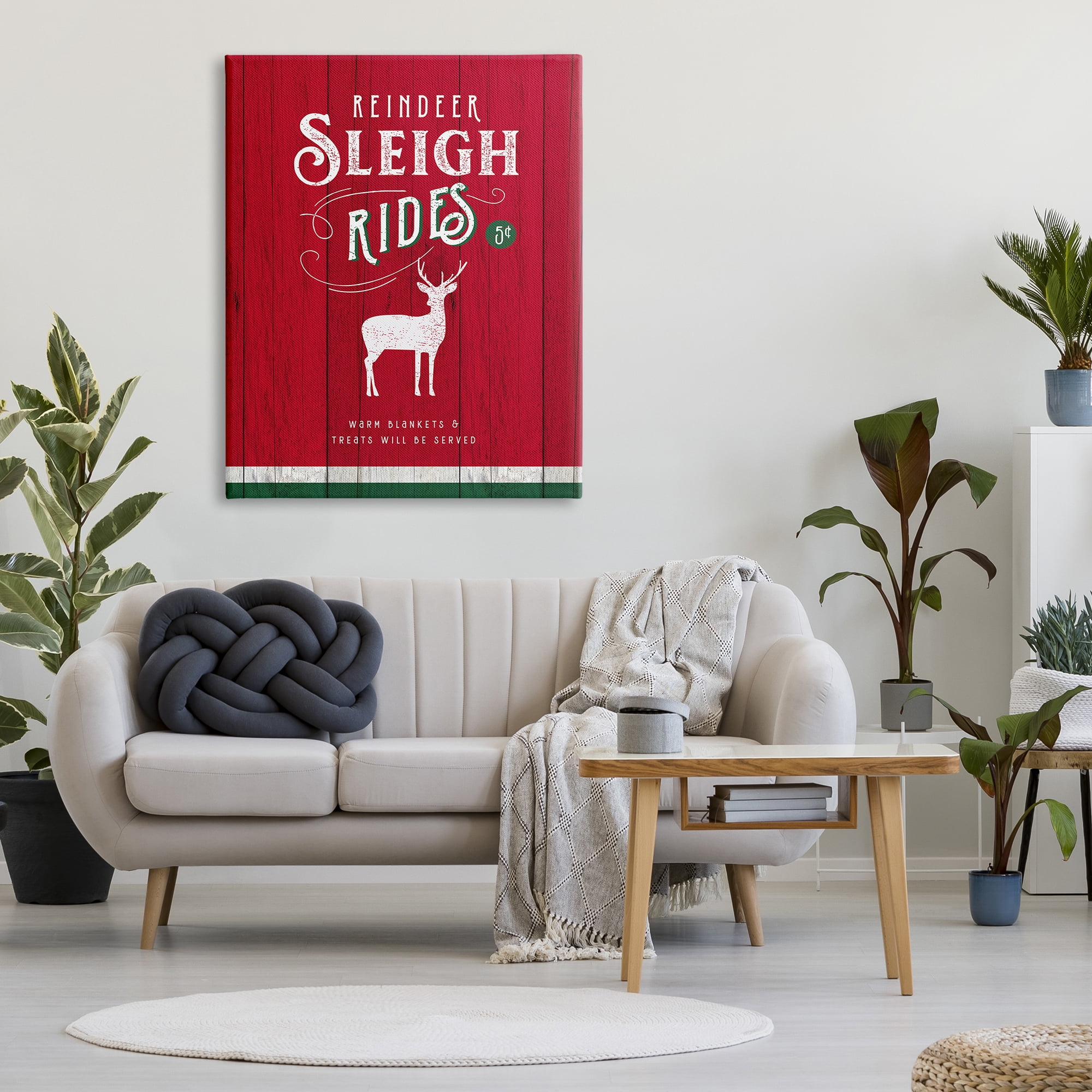 Stupell Industries Reindeer Sleigh Rides Christmas Advertisement Red Green Holiday Painting Gallery Wrapped Canvas Print Wall Art, 36 x 48