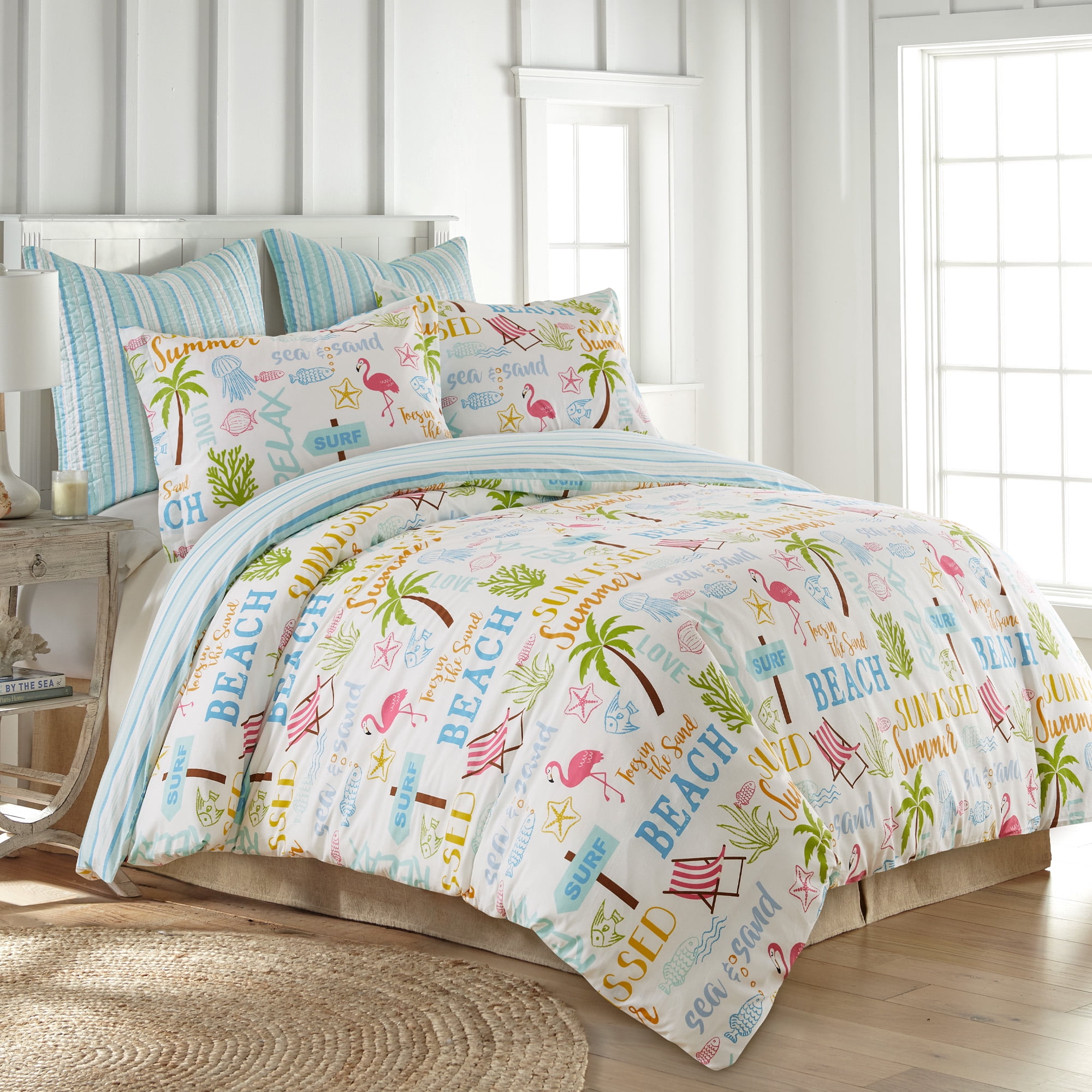 Levtex Home - Beach Days Duvet Cover Set - Twin Duvet Cover (68 x 88in.) + One Standard Pillow Case (26 x 20in.)- Coastal Beach - Teal Blue Yellow Green Brown Pink - Cotton