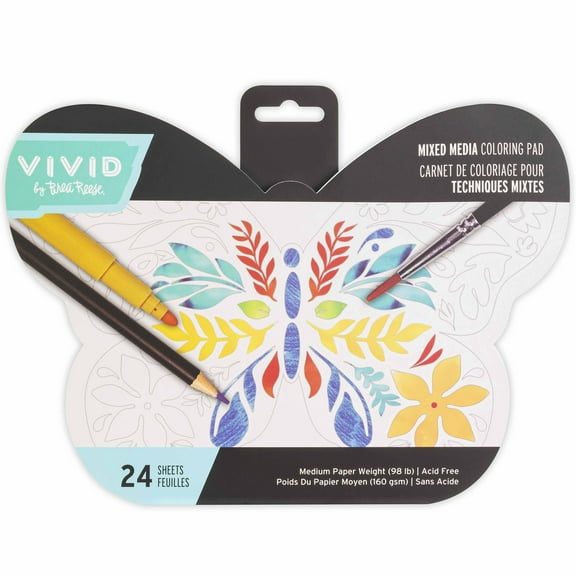 Vivid by Brea Reese: Mixed Media Coloring Pad - Butterfly - 24 Shaped Sheets in 8 Pattern Designs, Art Paper Pages For Paints-Markers-Colored Pencils