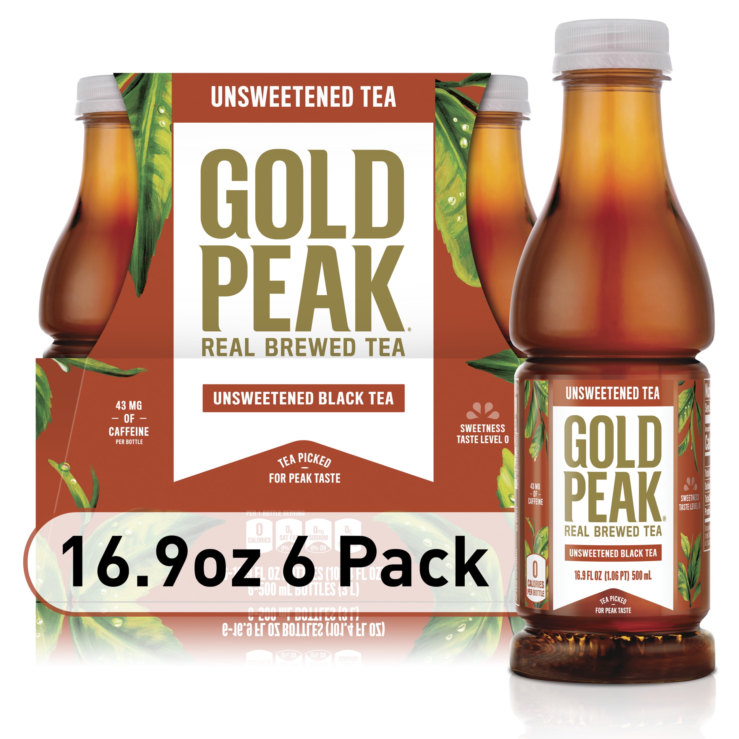 Gold Peak Real Brewed Tea Unsweetened, Black Iced Tea Drink, 16.9 fl oz, 6 Bottles