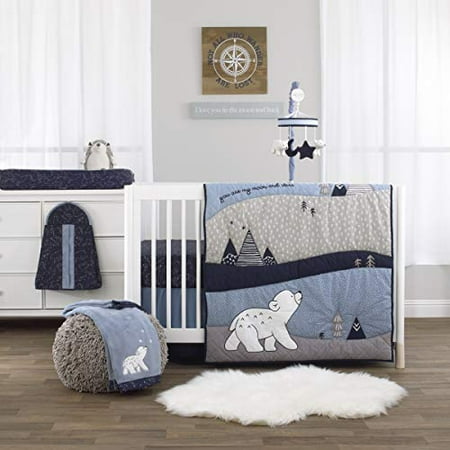 NoJo 3692634 Cosmo Bear - Navy, Light Blue, White & Grey 4Piece Nursery Crib Bedding Set - Comforter, Fitted Crib Sheet, Dust Ruffle, Diaper Stacker, Navy, Light Blue, White, Grey