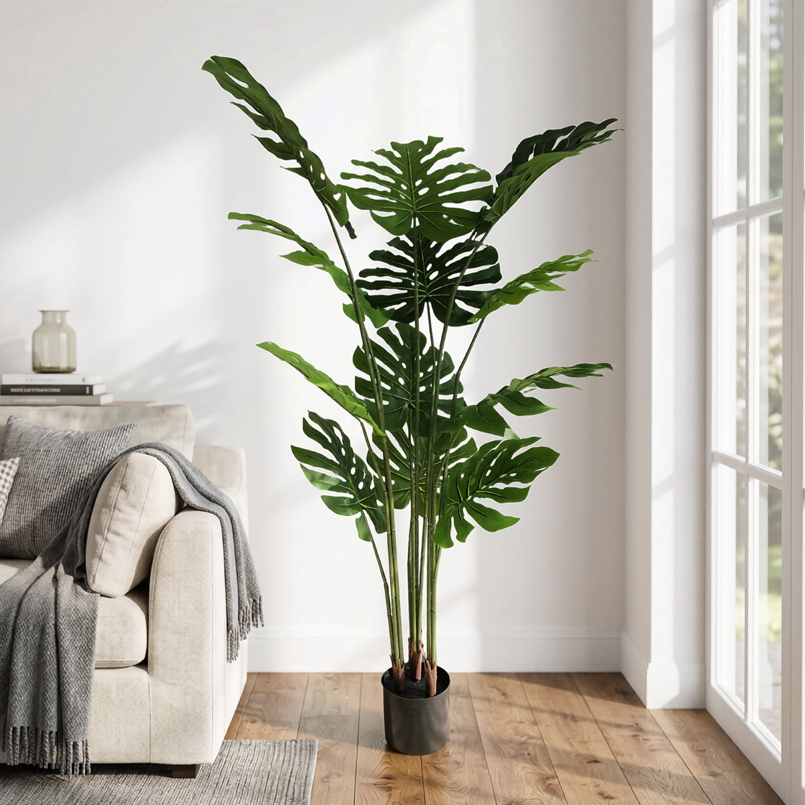 BEAUTYPEAK 4.6FT Artificial Plant Fake Indoor Monstera Plant Decorative Outdoor Greenery in Black Pot