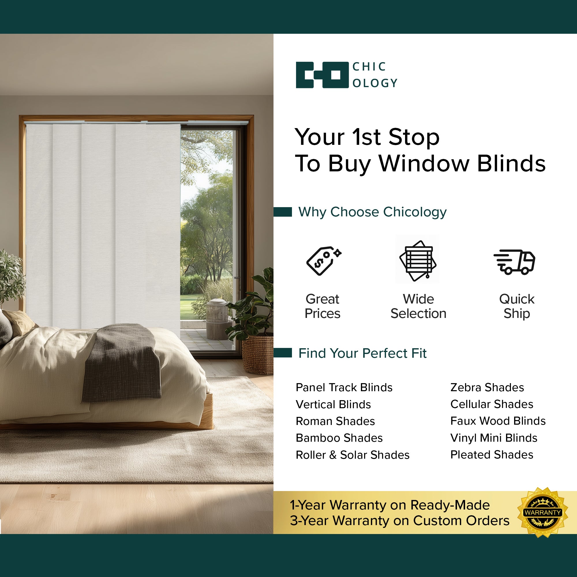 Chicology Adjustable Sliding Panel Blinds. Slate, 46"-86"W X 0"-96"H