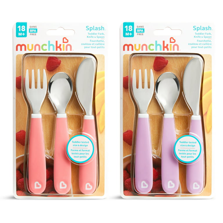 Munchkin Raise Toddler Fork and Spoon, 4 pack, Pink/Purple