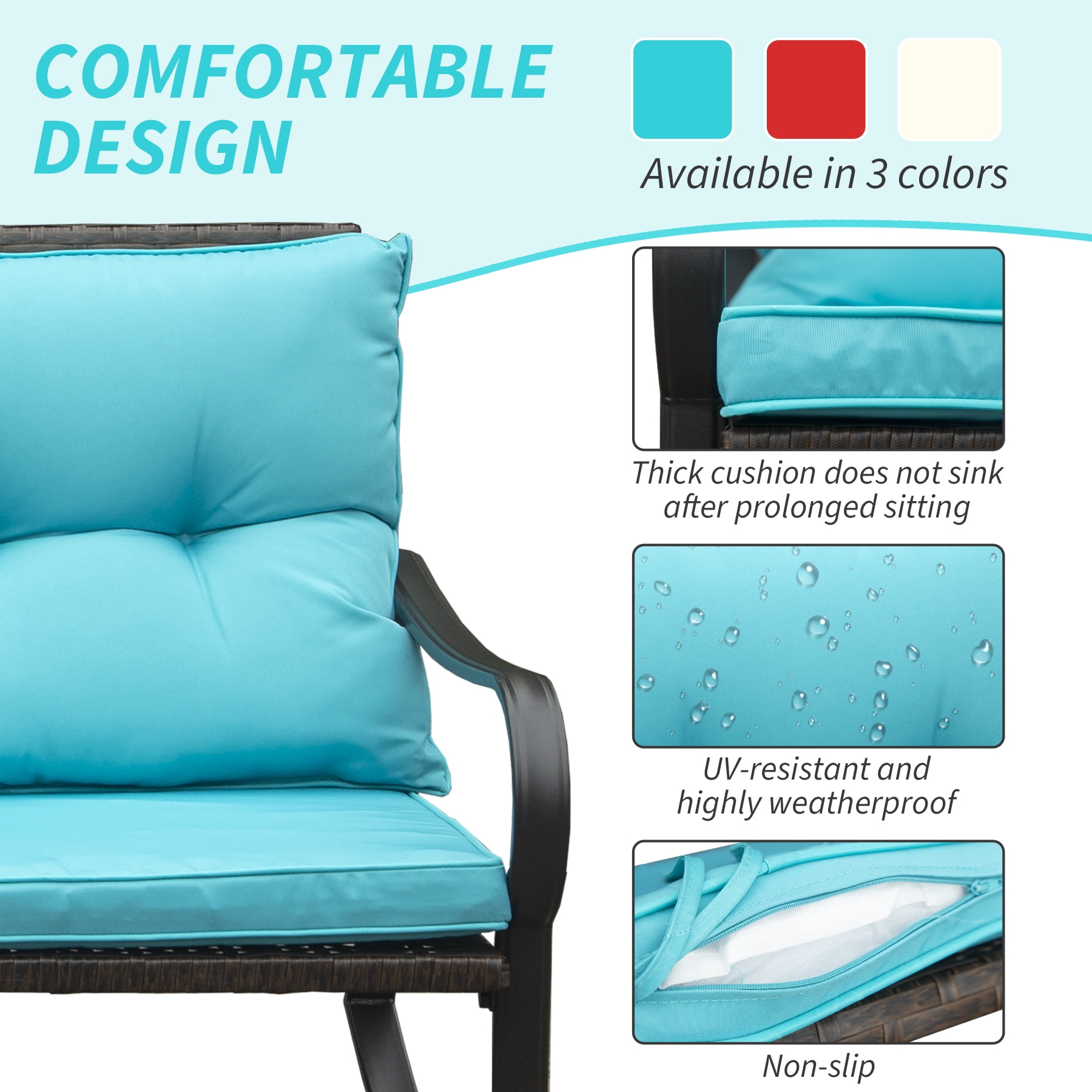 Leumius 3-Piece Outdoor Rocking Chair Set,Wicker Rocking Bistro Patio Set with Cushions & Table for Backyard, Porch, Balcony, Poolside,Blue