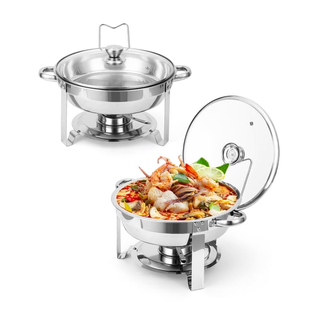Yiwa Ensemble de Plats Anti-Frottement en Acier Inoxydable, Lot de 4 Réchauffe-Buffets Ronds de 5 Qt avec Couvercle en Verre Visible et Support, Idéal pour les Événements