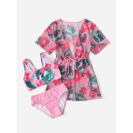 

Toddler Girls Tropical Print Bikini Swimsuit Swimwear With Kimono S221904X Pink 110(4-5Y)
