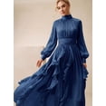thumbnail image 6 of Womens Blue Long Sleeve High Neck Maxi Dress Ruched Waist Flowy Ruffle Hem, 6 of 6
