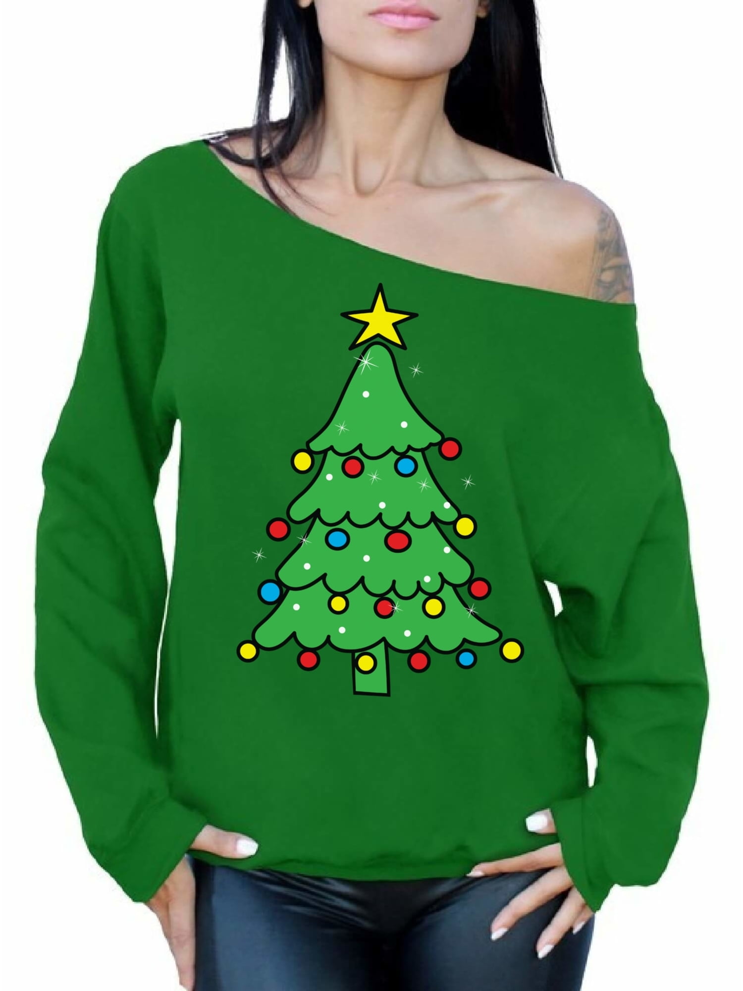NPRADLA Women Christmas Santa Snowflake Printed Tops Off Shoulder Asymmetric Sweatshirt 
