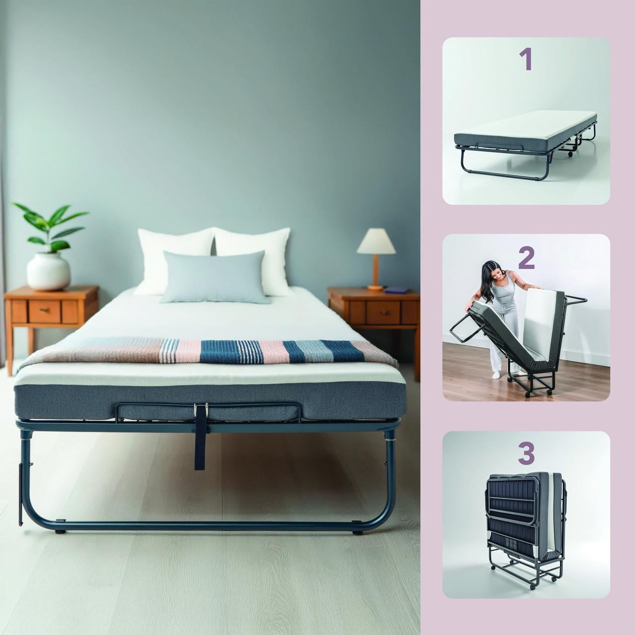 LammaLoe Folding Bed with Mattress, 5" Memory Foam Roll away Bed with Sturdy Steel Frame, Locking Wheels & Storage Cover, Twin Foldable Bed 75" x 38"