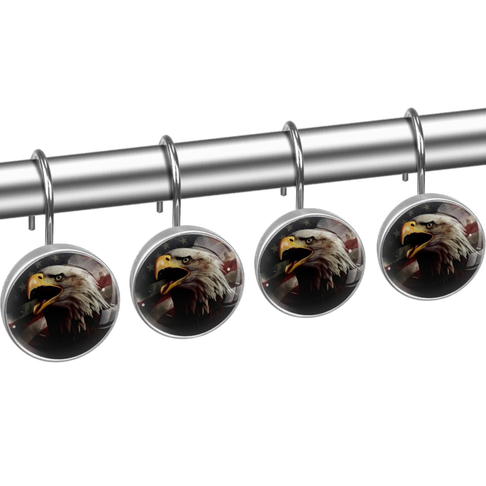 Eagle and American Flag Shower Curtain Hooks （Set of 12） for Home Hotel Shower Rods Bathroom Crystal Glass Print Stainless Steel Round Curtain Hooks