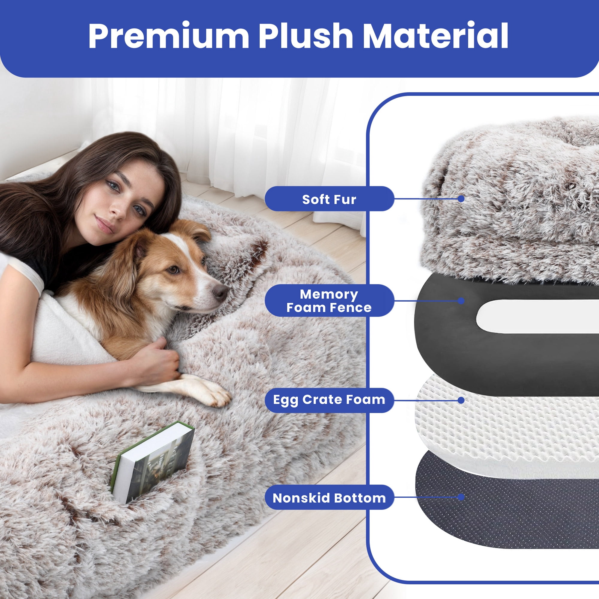 ModFusion 78” Extra-Large Human Dog Bed with Pillow & Blanket – Washable Faux Fur, Brown – Pet Bed for Dogs and Humans