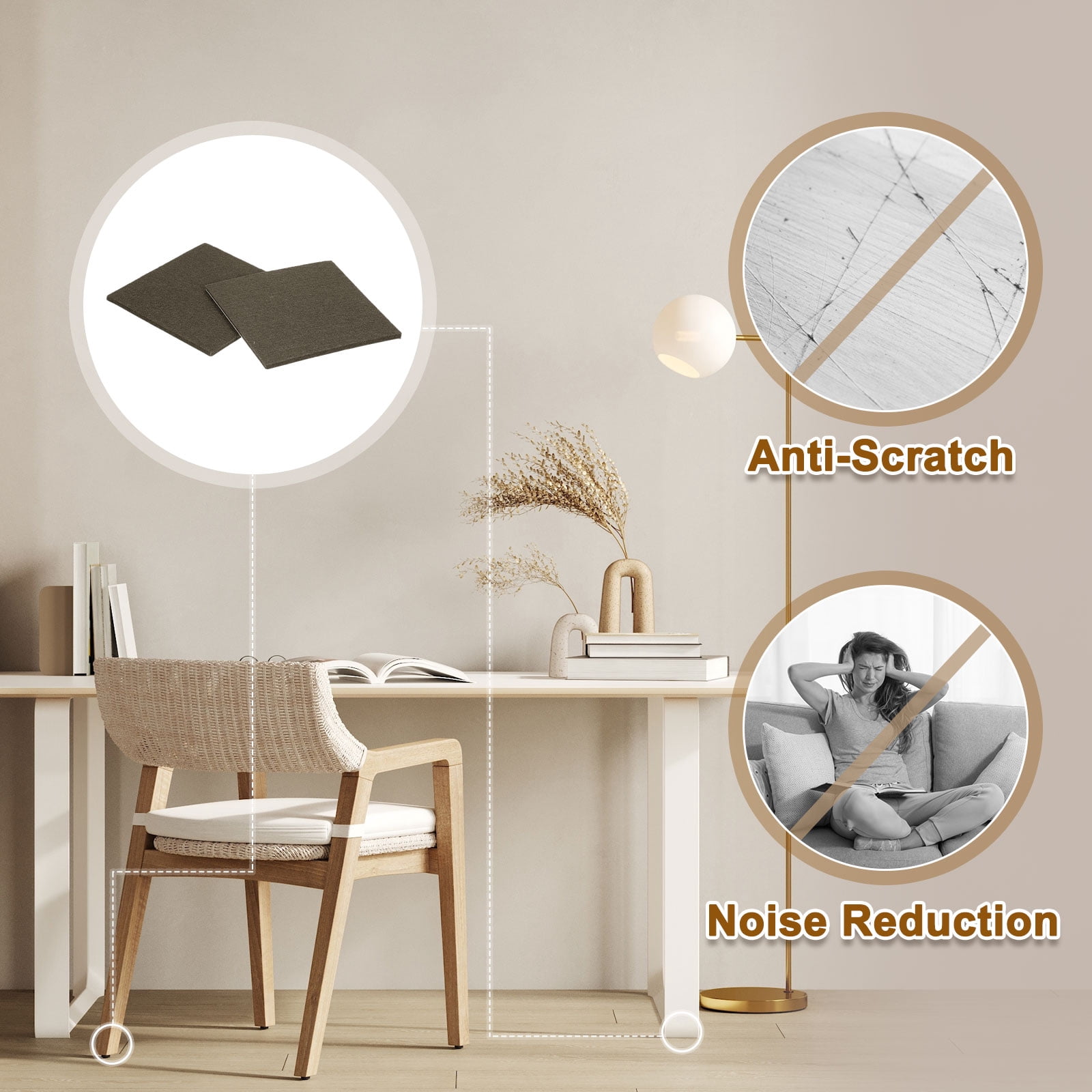 Felt Furniture Pads, 16Pack 5.12" x 5.12" Adhesive Backed Felt Non-slip Anti-scratch Chair Leg Protectors for Protecting Hardwood Floor, Brown