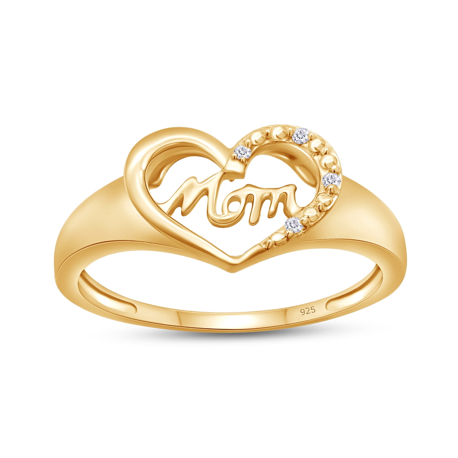 White Natural Diamond Accent Mom & Heart Ring In 14k Yellow Gold Over Sterling Silver (0.02 Cttw)
