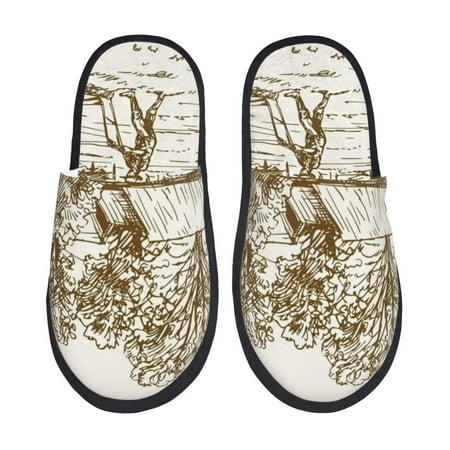 Balery Plowed Field With Horses Slient Indoor Furry Fleece Comfort House Shoes Soft Non-Slip Home Shoes Cotton slippers House Slippers-- Medium