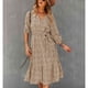 thumbnail image 3 of Vestido floral de manga larga con cinturón Cuello en V Vestido casual con dobladillo grande para otoño e invierno Caqui S, 3 of 7