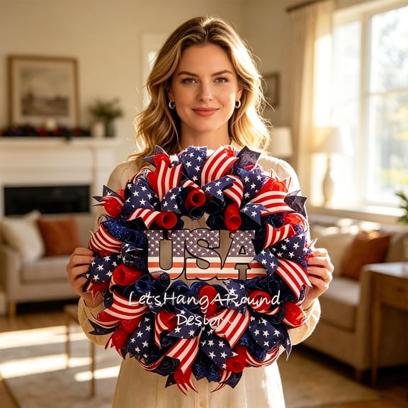 USA Patriotic Door Wreath - 18" Red White and Blue Mesh Independence Day Decor